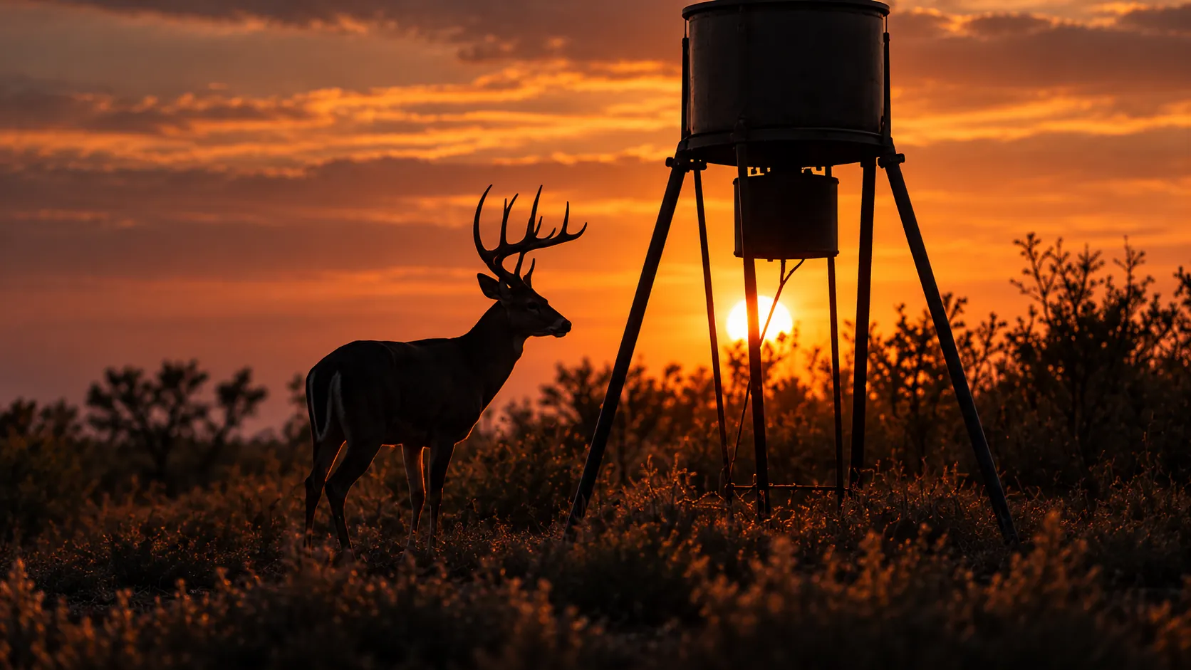 A buck at a tripod feeder at sunset